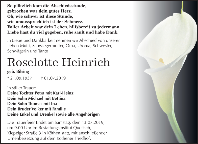  Traueranzeige für Roselotte Heinrich vom 05.07.2019 aus Mitteldeutsche Zeitung Köthen