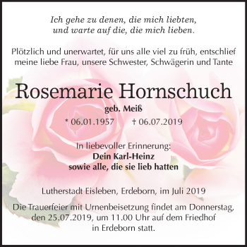Traueranzeige von Rosemarie Hornschuch von Wochenspiegel Mansfelder Land
