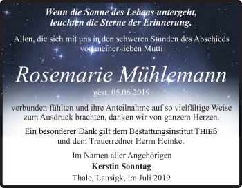Traueranzeige von Rosemarie Mühlemann von Mitteldeutsche Zeitung Quedlinburg