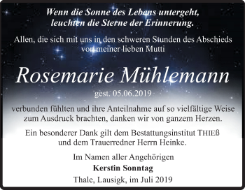 Traueranzeige von Rosemarie Mühlemann von Super Sonntag Köthen