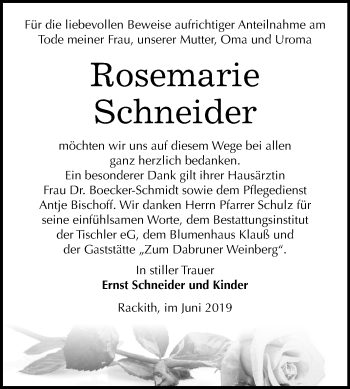 Traueranzeige von Rosemarie Schneider von Mitteldeutsche Zeitung Wittenberg