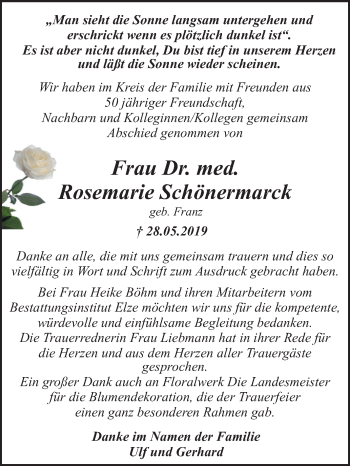 Traueranzeige von Rosemarie Schönermarck von Mitteldeutsche Zeitung Dessau-Roßlau