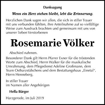 Traueranzeige von Rosemarie Völker von Super Sonntag Quedlinburg