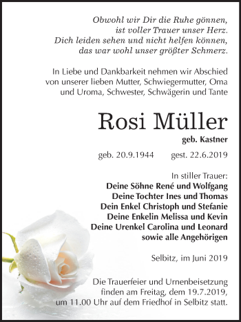 Traueranzeige von Rosi Müller von Mitteldeutsche Zeitung Wittenberg