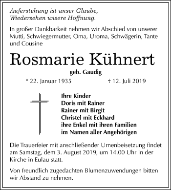 Traueranzeige von Rosmarie Kühnert von Mitteldeutsche Zeitung Naumburg/Nebra