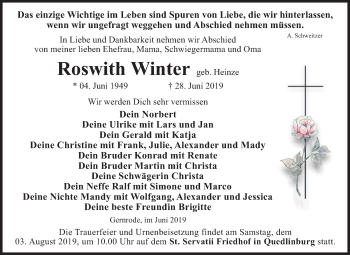 Traueranzeige von Roswith Winter von Super Sonntag Quedlinburg