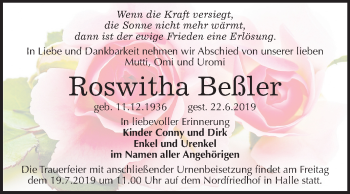 Traueranzeige von Roswitha Beßler von Mitteldeutsche Zeitung Halle/Saalkreis