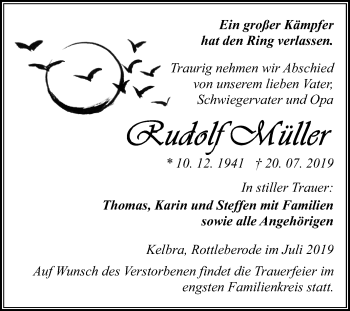 Traueranzeige von Ruddolf Müller von Super Sonntag Sangerhausen