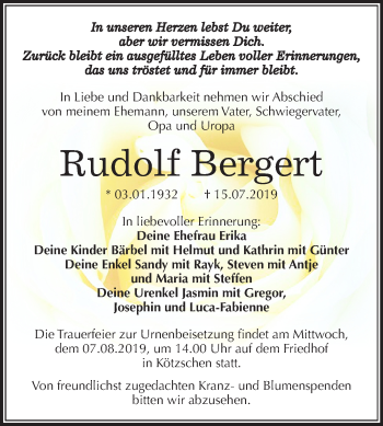 Traueranzeige von Rudolf Bergert von Mitteldeutsche Zeitung Merseburg/Querfurt