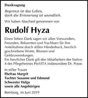 Traueranzeige von Rudolf Hyza von Super Sonntag Bernburg