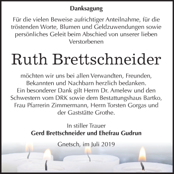 Traueranzeige von Ruth Brettschneider von Mitteldeutsche Zeitung Köthen