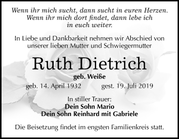 Traueranzeige von Ruth Dietrich von Mitteldeutsche Zeitung Halle/Saalkreis