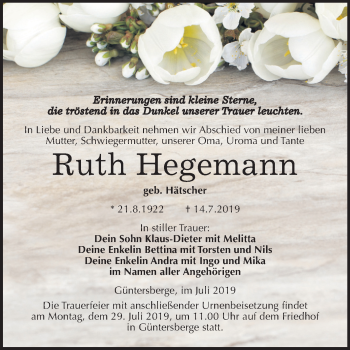 Traueranzeige von Ruth Hegemann von Super Sonntag Quedlinburg