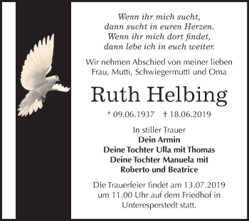 Traueranzeige von Ruth Helbing von Super Sonntag Merseburg/Querfurt