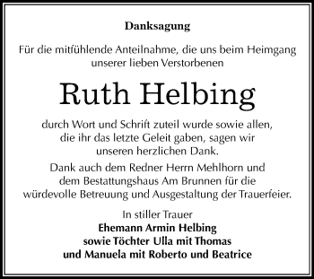 Traueranzeige von Ruth Helbing von Mitteldeutsche Zeitung Merseburg/Querfurt