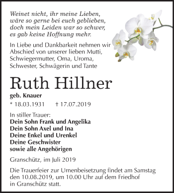 Traueranzeige von Ruth Hillner von Mitteldeutsche Zeitung Weißenfels