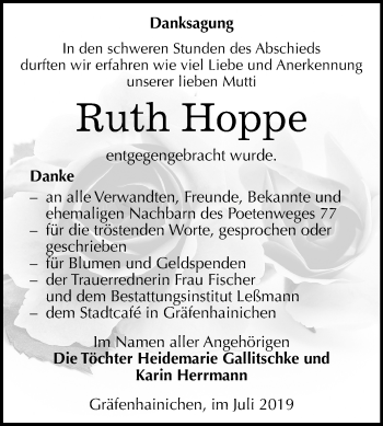 Traueranzeige von Ruth Hoppe von Super Sonntag Wittenberg