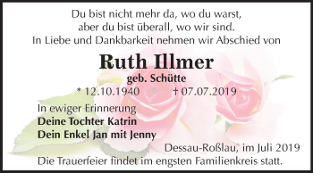 Traueranzeige von Ruth Illmer von Super Sonntag Dessau-Roßlau