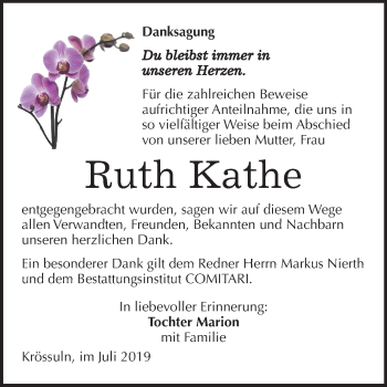 Traueranzeige von Ruth Kathe von Wochenspiegel Weißenfels