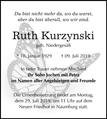 Traueranzeige von Ruth Kurzynski von Mitteldeutsche Zeitung Naumburg/Nebra