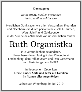 Traueranzeige von Ruth Organistka von Mitteldeutsche Zeitung Wittenberg