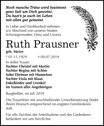 Traueranzeige von Ruth Prausner von Wochenspiegel Naumburg/Nebra