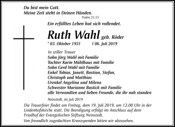 Traueranzeige von Ruth Wahl von Super Sonntag Quedlinburg