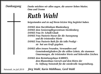 Traueranzeige von Ruth Wahl von Super Sonntag Quedlinburg