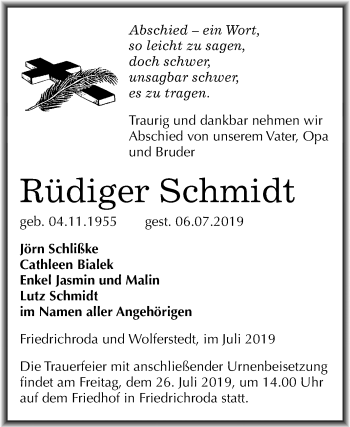 Traueranzeige von Rüdiger Schmidt von Mitteldeutsche Zeitung Sangerhausen