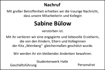 Traueranzeige von Sabine Bülow von Mitteldeutsche Zeitung Halle/Saalkreis