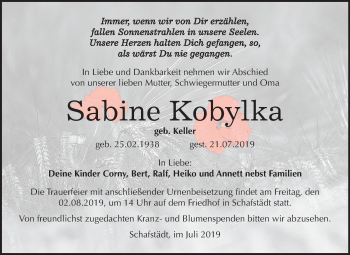 Traueranzeige von Sabine Kobylka von Mitteldeutsche Zeitung Merseburg/Querfurt