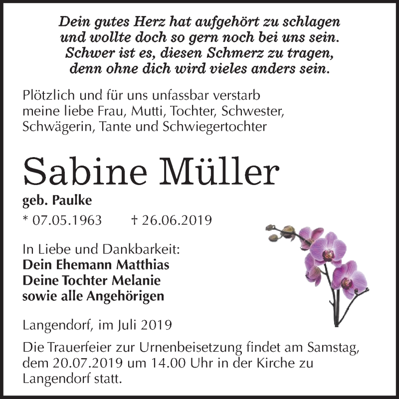  Traueranzeige für Sabine Müller vom 06.07.2019 aus Mitteldeutsche Zeitung Zeitz