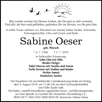 Traueranzeige von Sabine Oeser von Mitteldeutsche Zeitung Halle/Saalkreis