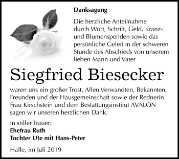 Traueranzeige von Siegfried Biesecker von Mitteldeutsche Zeitung Halle/Saalkreis