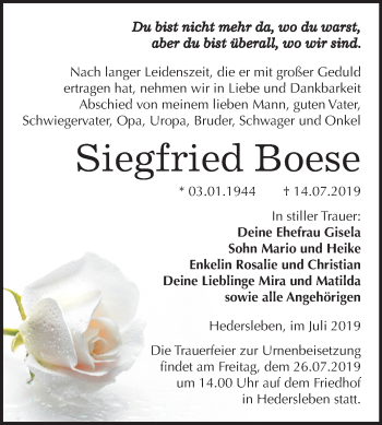 Traueranzeige von Siegfried Boese von Mitteldeutsche Zeitung Mansfelder Land