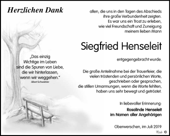Traueranzeige von Siegfried Henseleit von Wochenspiegel Weißenfels