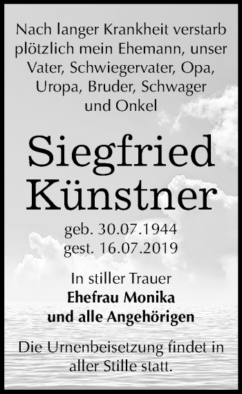Traueranzeige von Siegfried Künstner von Super Sonntag Bernburg