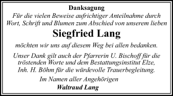 Traueranzeige von Siegfried Lang von Super Sonntag Dessau-Roßlau