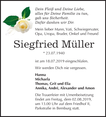 Traueranzeige von Siegfried Müller von Mitteldeutsche Zeitung Bernburg