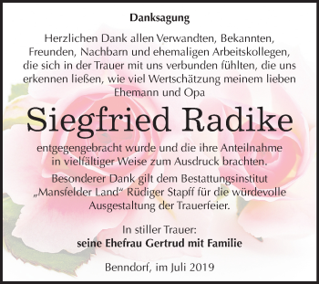 Traueranzeige von Siegfried Radike von Wochenspiegel Mansfelder Land