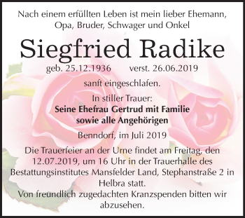 Traueranzeige von Siegfried Radike von Mitteldeutsche Zeitung Mansfelder Land