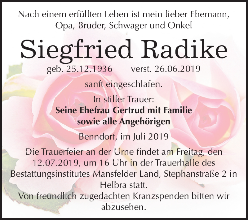  Traueranzeige für Siegfried Radike vom 06.07.2019 aus Mitteldeutsche Zeitung Mansfelder Land