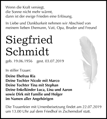 Traueranzeige von Siegfried Schmidt von Mitteldeutsche Zeitung Bitterfeld