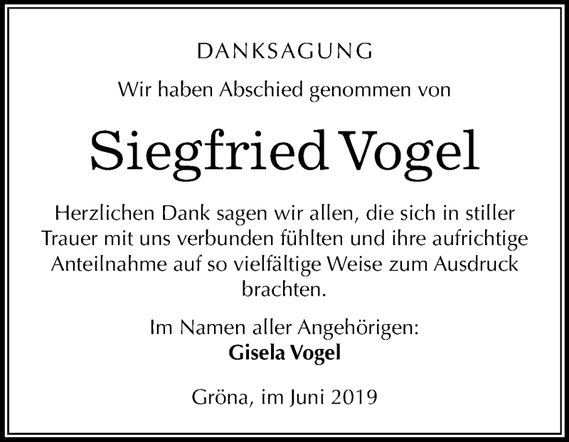  Traueranzeige für Siegfried Vogel vom 06.07.2019 aus Super Sonntag Bernburg