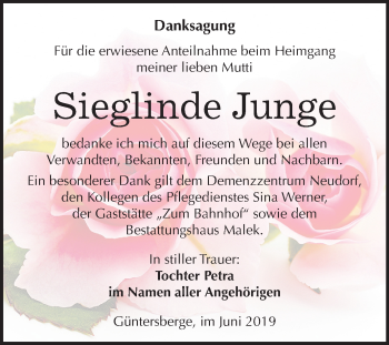 Traueranzeige von Sieglinde Junge von Mitteldeutsche Zeitung Quedlinburg