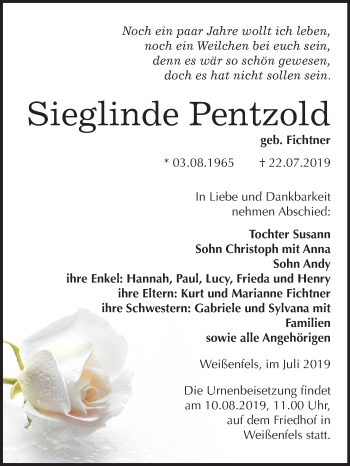 Traueranzeige von Sieglinde Pentzold von Mitteldeutsche Zeitung Weißenfels