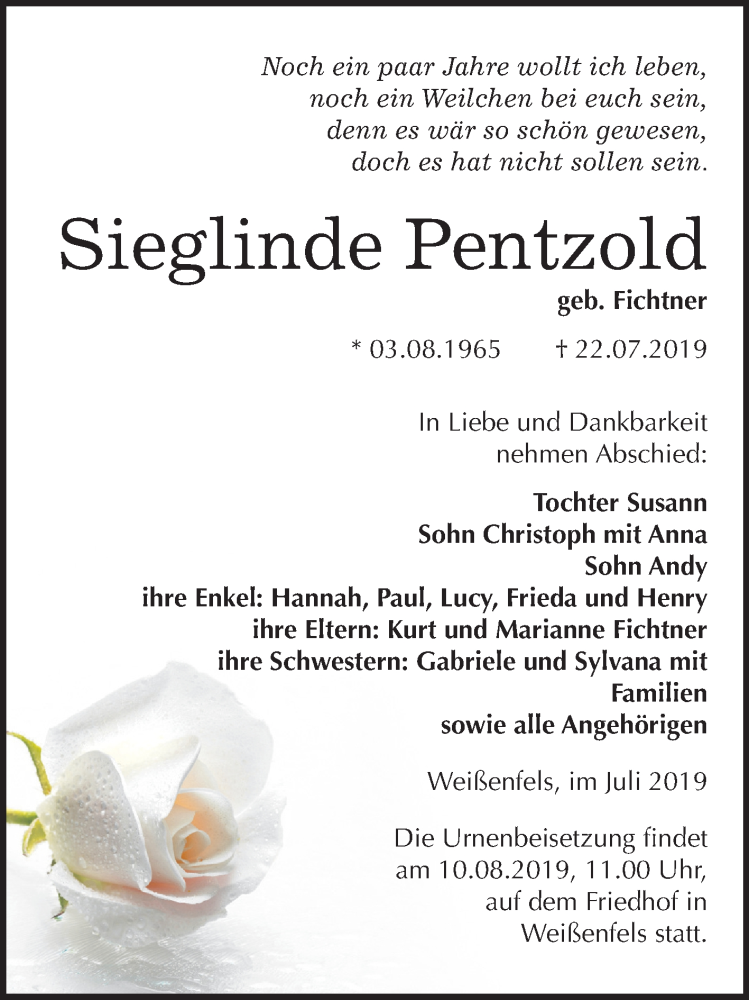  Traueranzeige für Sieglinde Pentzold vom 31.07.2019 aus Wochenspiegel Weißenfels