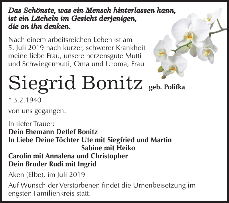  Traueranzeige für Siegrid Bonitz vom 09.07.2019 aus Mitteldeutsche Zeitung Köthen