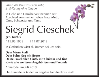 Traueranzeige von Siegrid Cieschek von Wochenspiegel Mansfelder Land