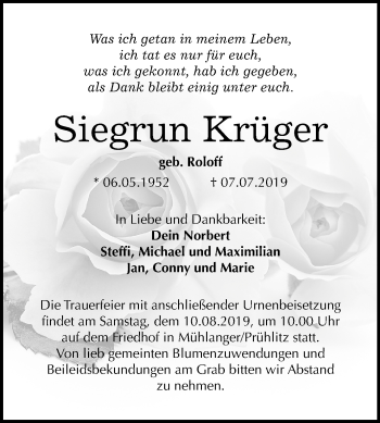 Traueranzeige von Siegrun Krüger von Super Sonntag Wittenberg